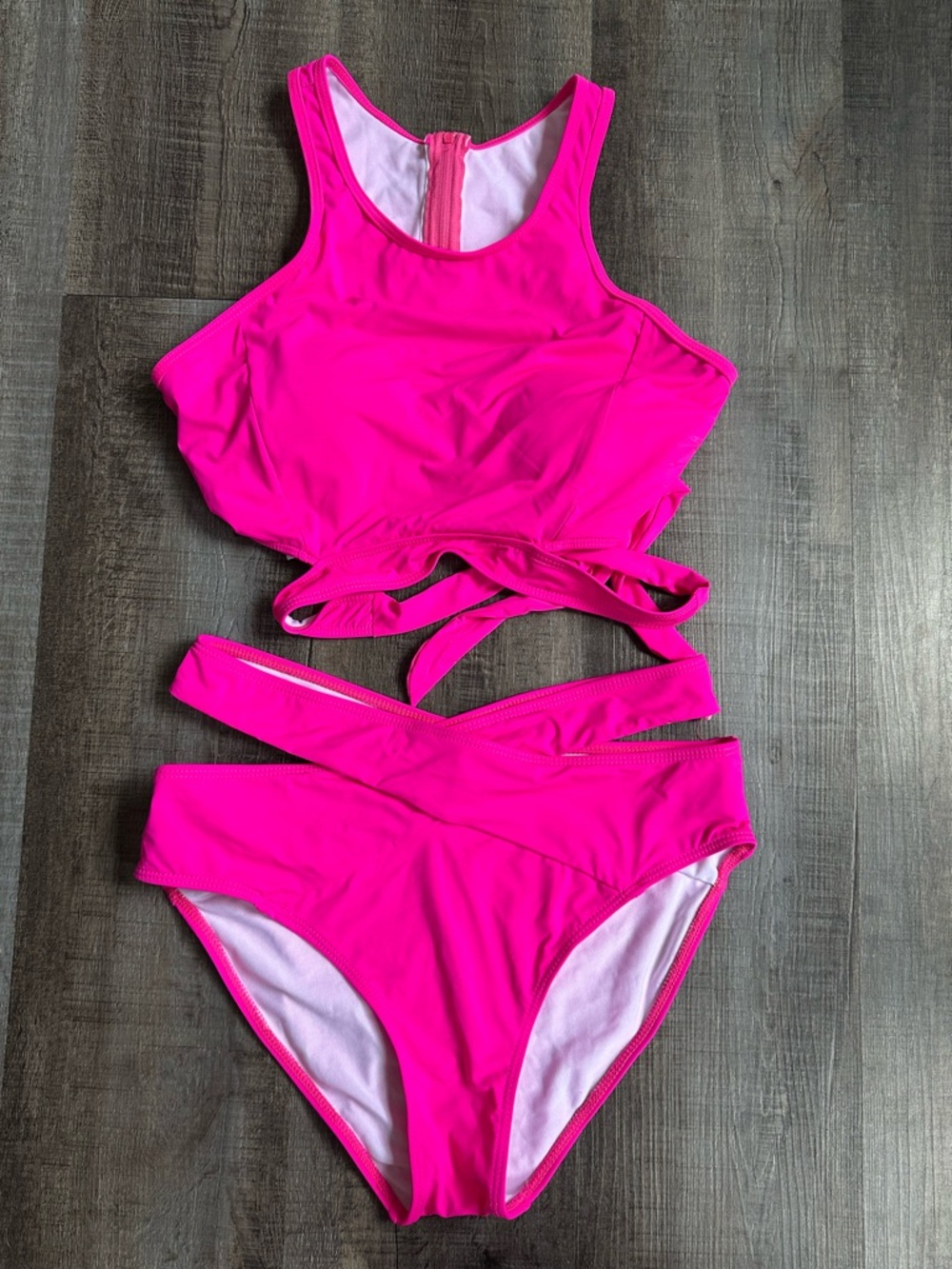 High-Neck Strappy Two-Piece Bikini in Hot Pink